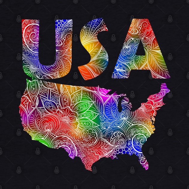 Colorful mandala art map of the United States of America with text in multicolor pattern by Happy Citizen